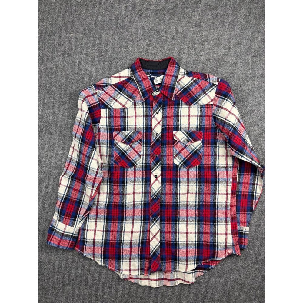 VNTG Wrangler Western Flannel Shirt Men's 17.5 Plaid Cowboy Pearl Snap XLongtail